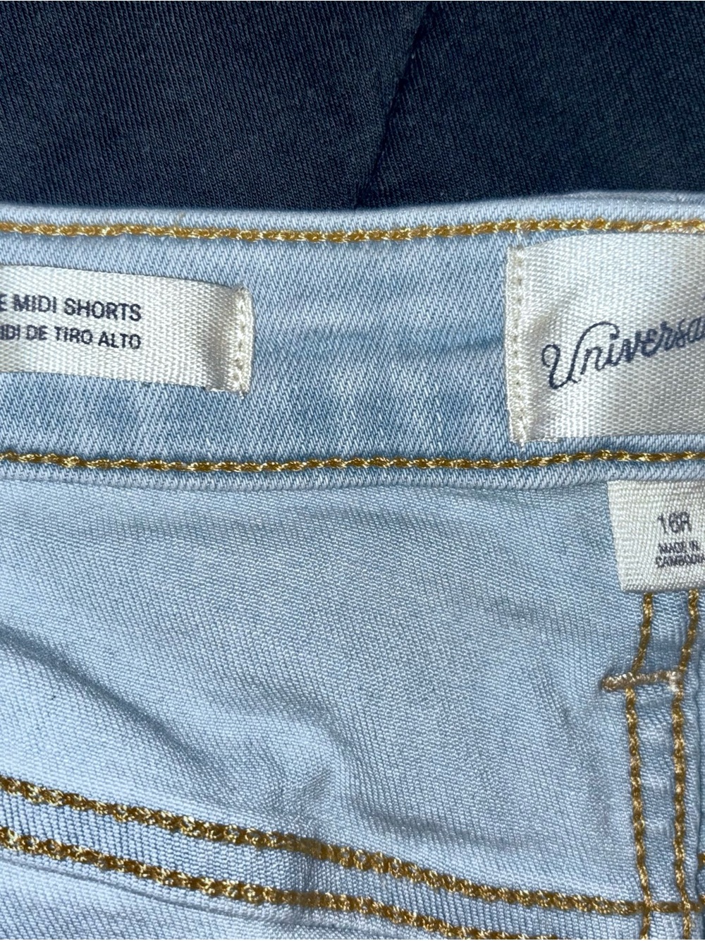 Universal Thread Light Blue Denim Midi Shorts with Gold Stitching